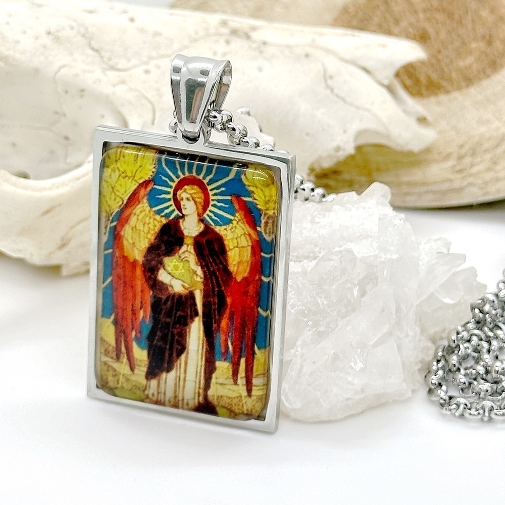 BEAUTIFUL Glass Arch Angel Michael Silver Protection Necklace Pendant